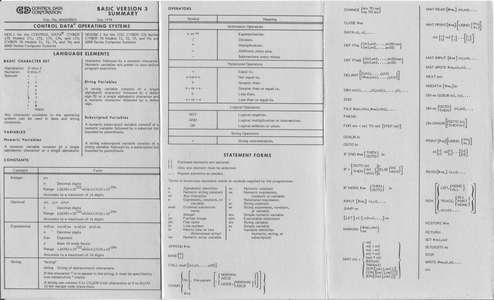 CDC BASIC VER 3 REF CARD JUL78